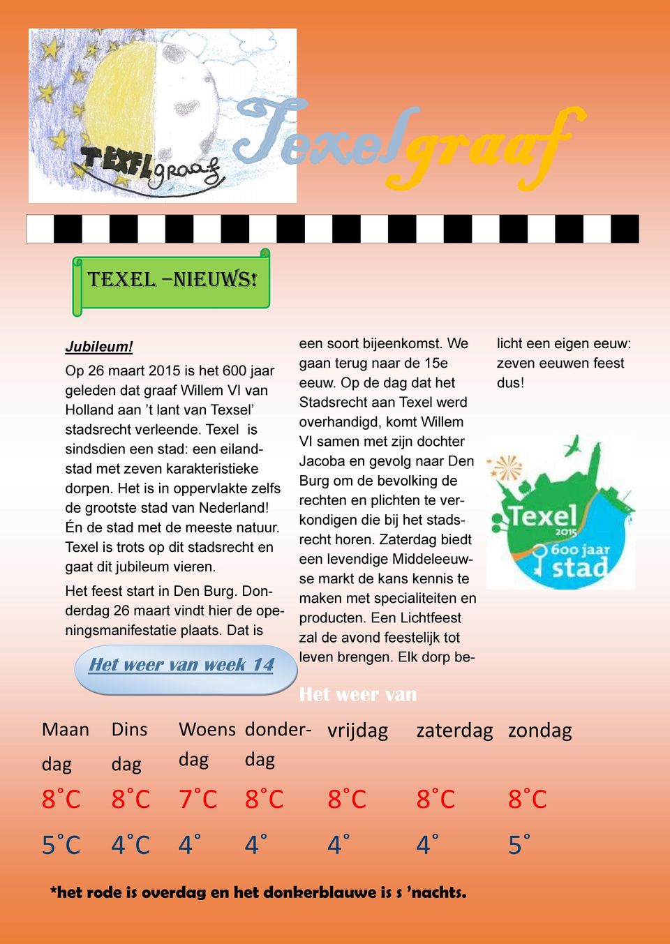 Texel is trots op dit stadsrecht en gaat dit jubileum vieren. Het feest start in Den Burg. Donderdag 26 maart vindt hier de openingsmanifestatie plaats.