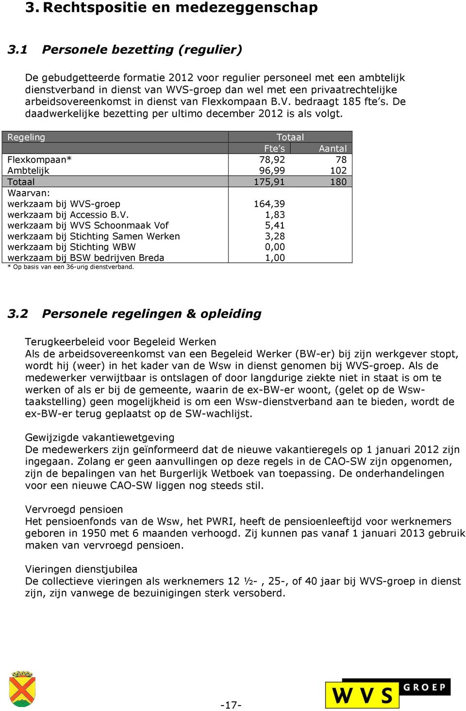 in dienst van Flexkompaan B.V. bedraagt 185 fte s. De daadwerkelijke bezetting per ultimo december 2012 is als volgt.
