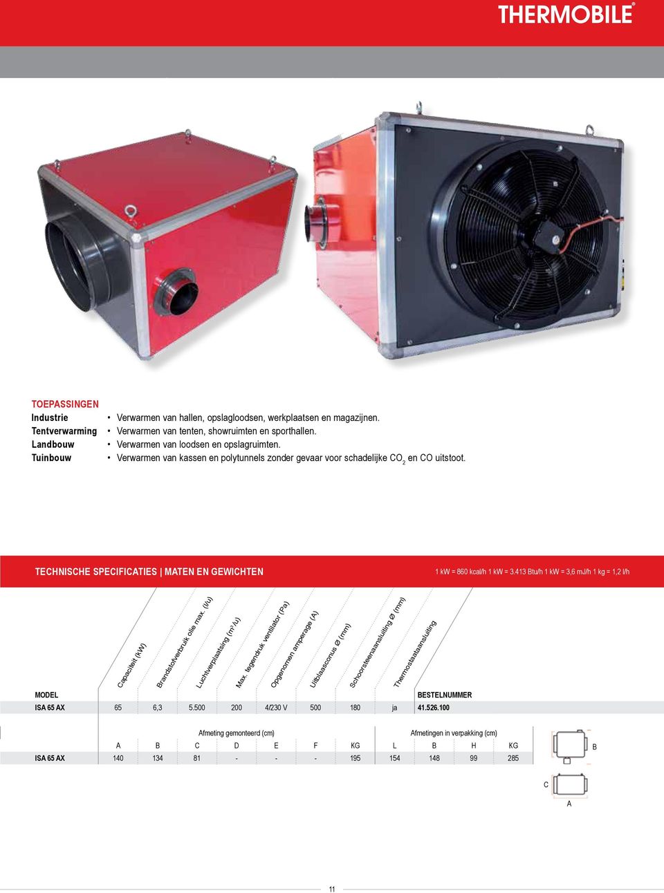 413 Btu/h 1 kw = 3,6 mj/h 1 kg = 1,2 l/h MODEL Capaciteit (kw) Brandstofverbruik olie max. (l/u) Luchtverplaatsing (m 3 /u) Max.