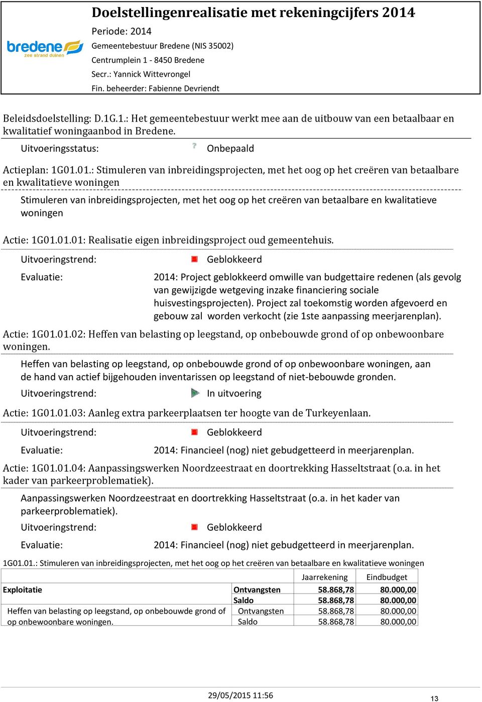 Uitvoeringsstatus: Onbepaald Actieplan: 1G01.