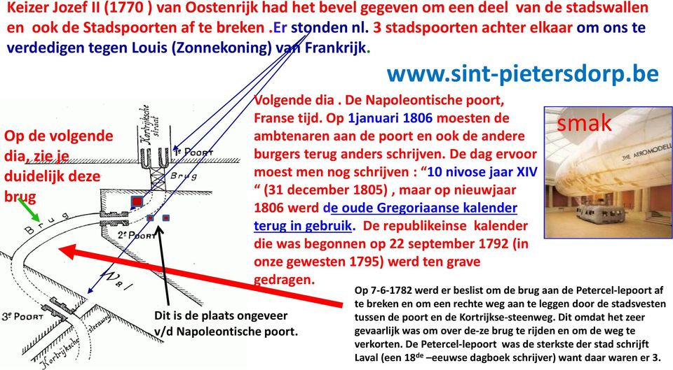 sint-pietersdorp.be Volgende dia. De Napoleontische poort, Franse tijd. Op 1januari 1806 moesten de ambtenaren aan de poort en ook de andere burgers terug anders schrijven.