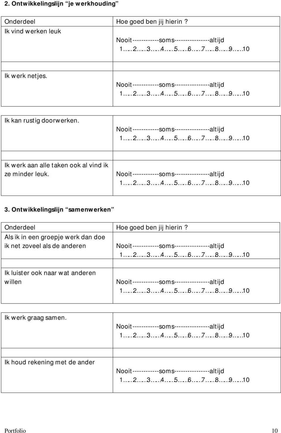 Nooit------------soms----------------altijd 3. Ontwikkelingslijn samenwerken Onderdeel Hoe goed ben jij hierin?