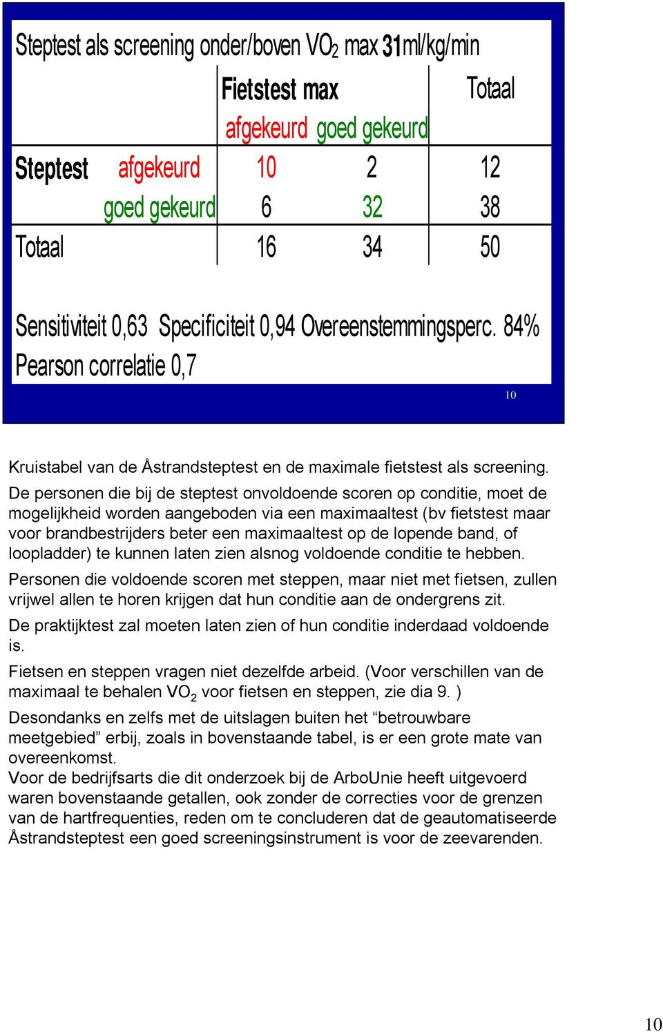 De personen die bij de steptest onvoldoende scoren op conditie, moet de mogelijkheid worden aangeboden via een maximaaltest (bv fietstest maar voor brandbestrijders beter een maximaaltest op de