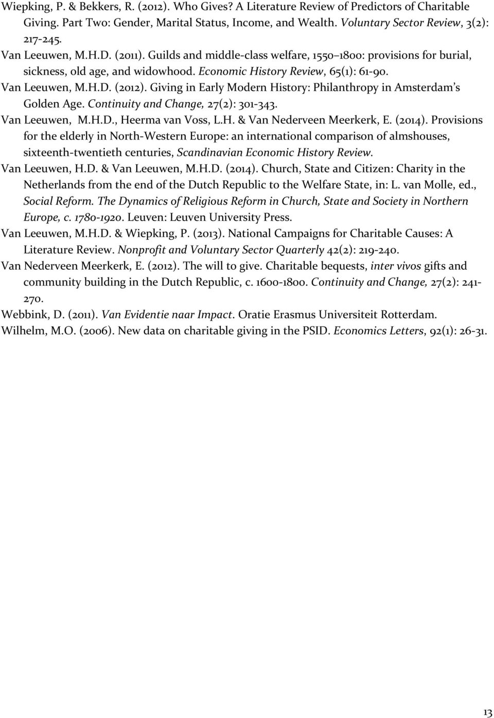 Giving in Early Modern History: Philanthropy in Amsterdam s Golden Age. Continuity and Change, 27(2): 301 343. Van Leeuwen, M.H.D., Heerma van Voss, L.H. & Van Nederveen Meerkerk, E. (2014).