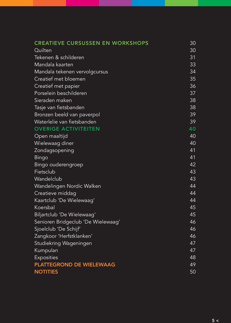 Zondagsopening 41 Bingo 41 Bingo ouderengroep 42 Fietsclub 43 Wandelclub 43 Wandelingen Nordic Walken 44 Creatieve middag 44 Kaartclub De Wielewaag 44 Koersbal 45 Biljartclub De