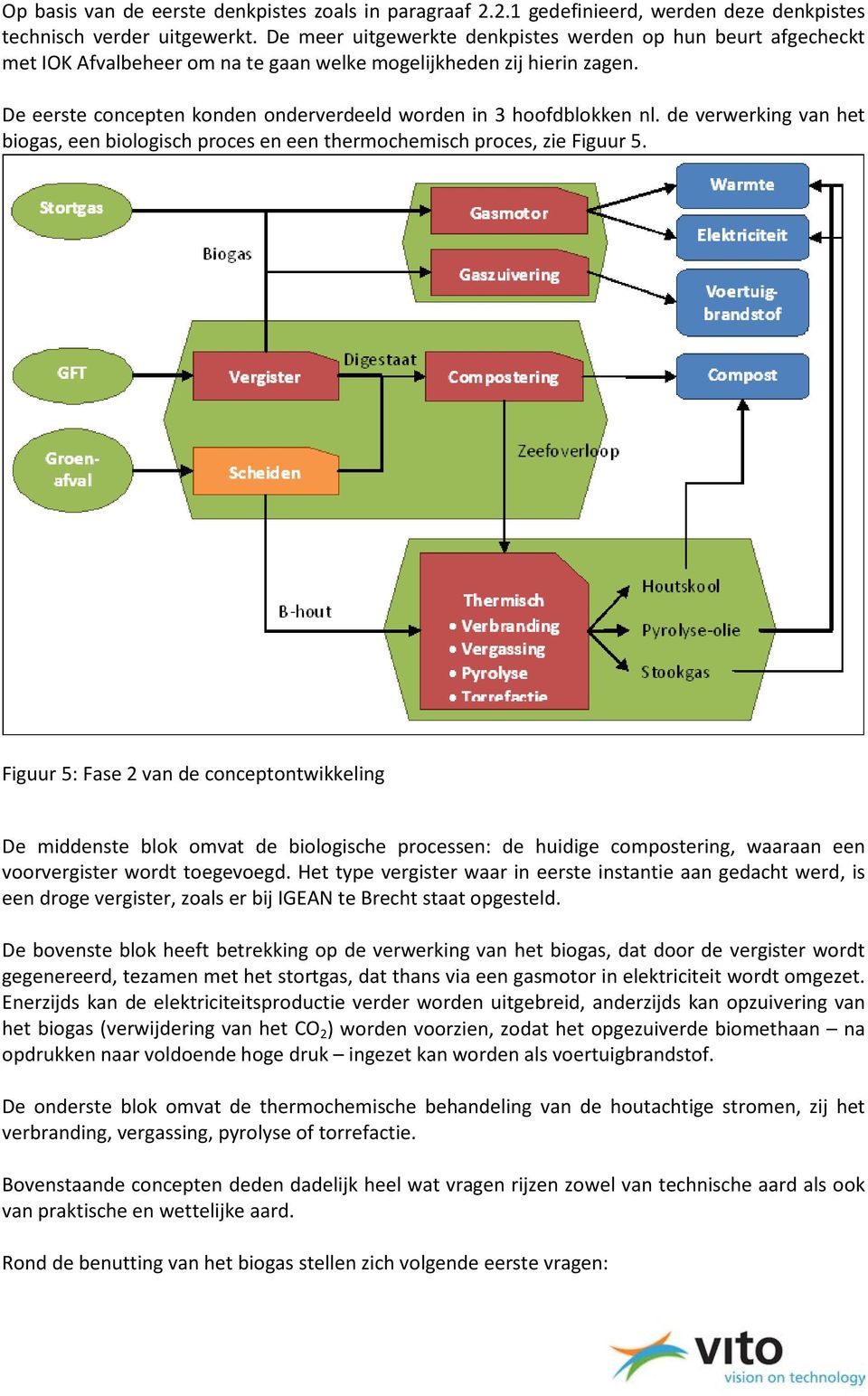 De eerste concepten konden onderverdeeld worden in 3 hoofdblokken nl. de verwerking van het biogas, een biologisch proces en een thermochemisch proces, zie Figuur 5.