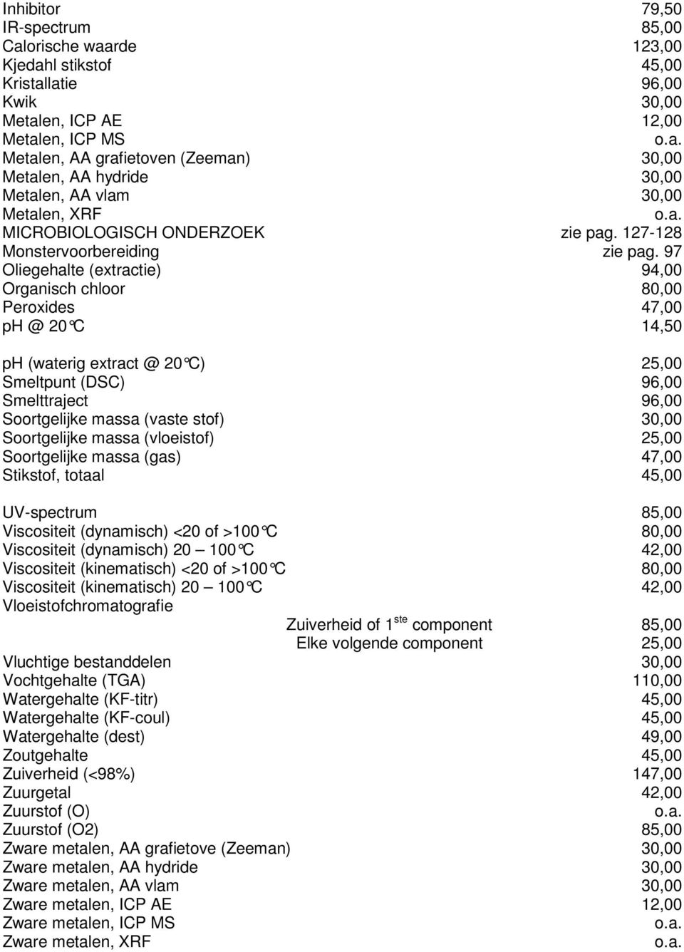 97 Oliegehalte (extractie) 94,00 Organisch chloor 80,00 Peroxides 47,00 ph @ 20 C 14,50 ph (waterig extract @ 20 C) 25,00 Smeltpunt (DSC) 96,00 Smelttraject 96,00 Soortgelijke massa (vaste stof)