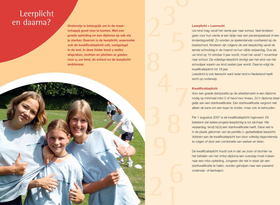 In deze folder leest u welke afspraken, rechten en plichten er gelden voor u, uw kind, de school en de leerplicht ambtenaar. 2 Leerplicht = Leerrecht Uw kind mag vanaf het vierde jaar naar school.