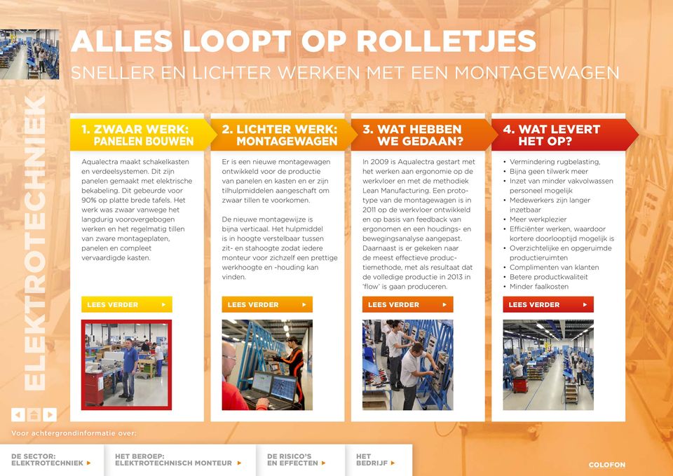 Er is een nieuwe montagewagen ontwikkeld voor de productie van panelen en kasten en er zijn tilhulpmiddelen aangeschaft om zwaar tillen te voorkomen. De nieuwe montagewijze is bijna verticaal.