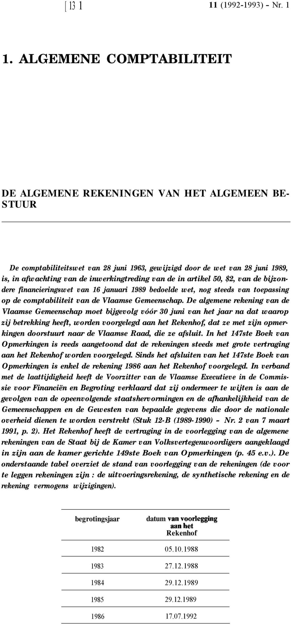 ALGEMENE COMPTABILITEIT DE ALGEMENE REKENINGEN VAN HET ALGEMEEN BE- STUUR De comptabiliteitswet van 28 juni 1963, gewijzigd door de wet van 28 juni 1989, is, in afwachting van de inwerkingtreding van
