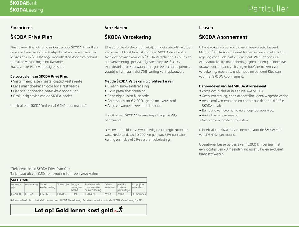 Vaste maandlasten, vaste looptijd, vaste rente Lage maandbedragen door hoge restwaarde Financiering speciaal ontwikkeld voor auto s Deskundig advies van de ŠKODA-dealer U rijdt al een ŠKODA Yeti