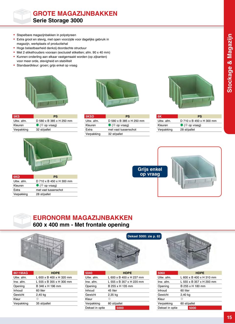 90 x 40 mm) Kunnen onderling aan elkaar vastgemaakt worden (op zijkanten) voor meer orde, stevigheid en stabiliteit Standaardkleur: groen; grijs enkel op vraag 5KS S-2001 PS 5KSD S-2001/B PS 6K