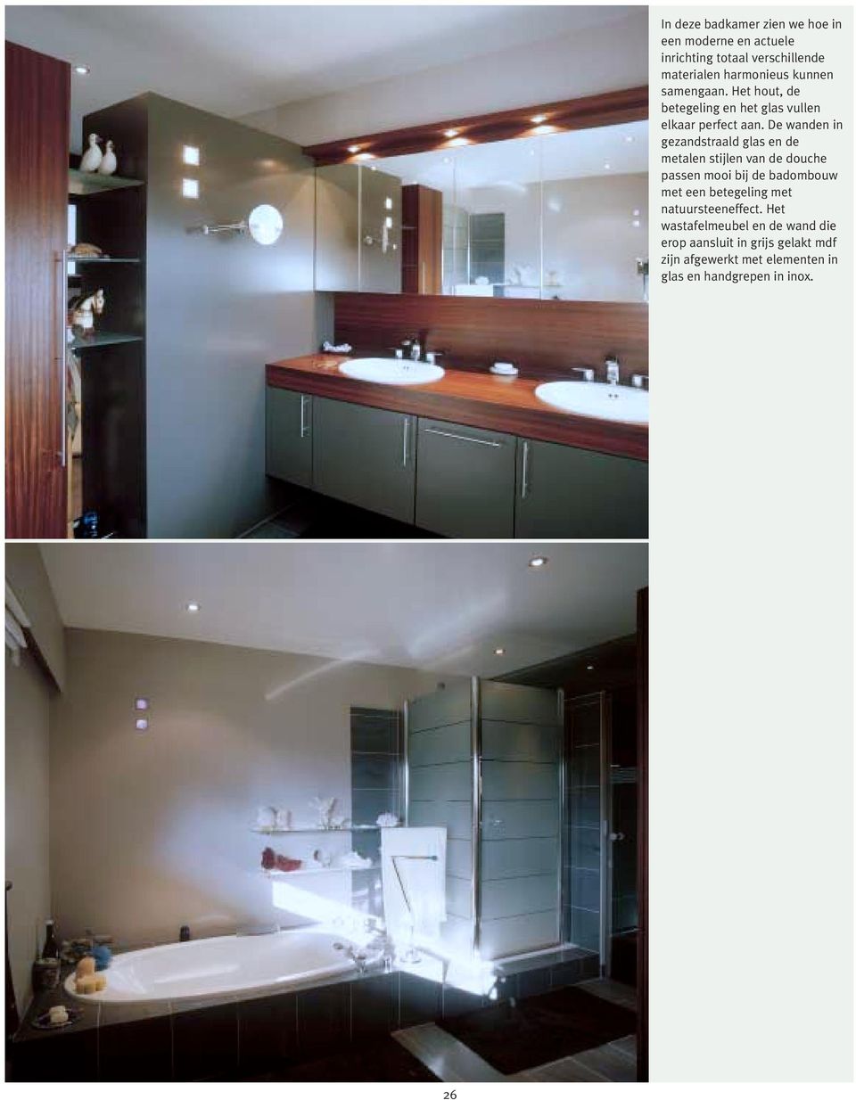 De wanden in gezandstraald glas en de metalen stijlen van de douche passen mooi bij de badombouw met een