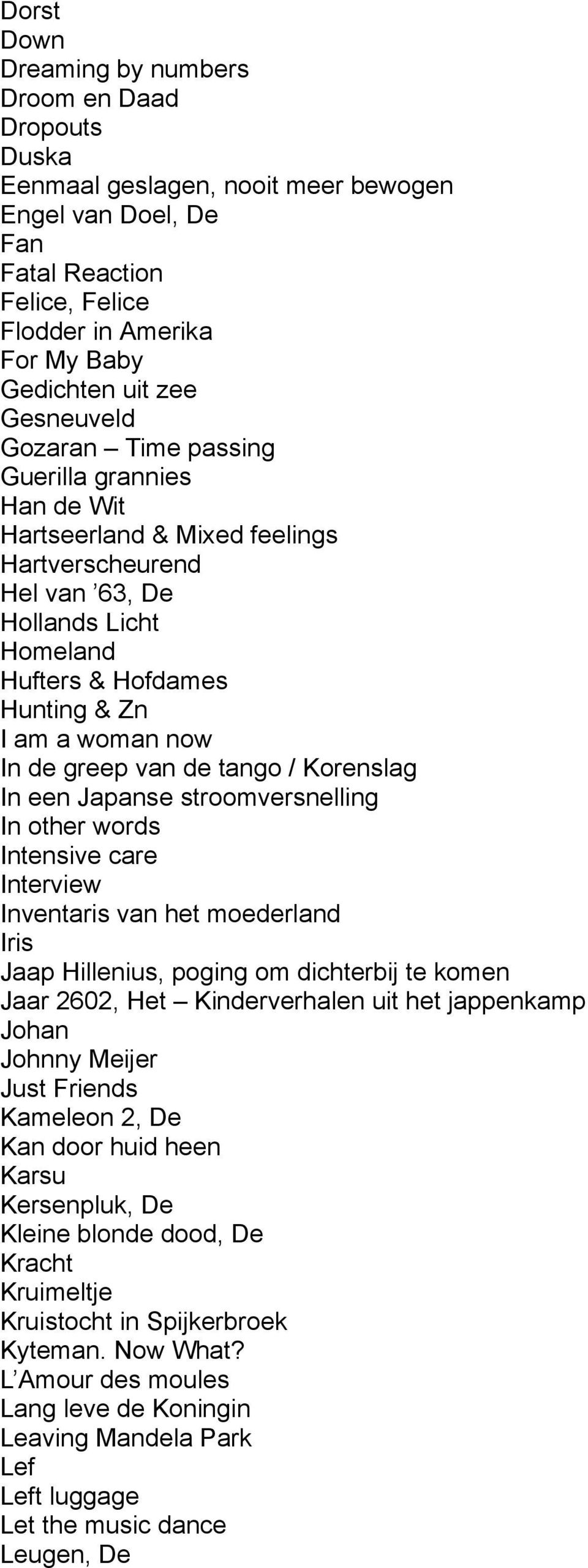 de greep van de tango / Korenslag In een Japanse stroomversnelling In other words Intensive care Interview Inventaris van het moederland Iris Jaap Hillenius, poging om dichterbij te komen Jaar 2602,