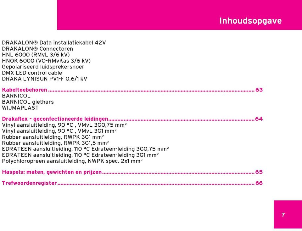 ..64 Vinyl aansluitleiding, 90 C, VMvL 3G0,75 mm 2 Vinyl aansluitleiding, 90 C, VMvL 3G1 mm 2 Rubber aansluitleiding, RWPK 3G1 mm 2 Rubber aansluitleiding, RWPK 3G1,5 mm 2