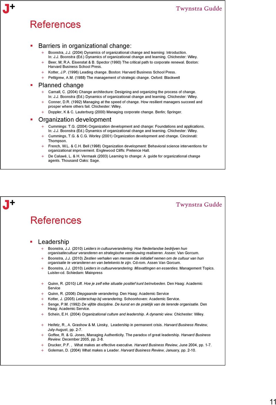 (1988) The managemt of strategic change. Oxford: Blackwell Planned change + Carnall, C. (2004) Change architecture: Designing and organizing the process of change. + Conner, D.R.