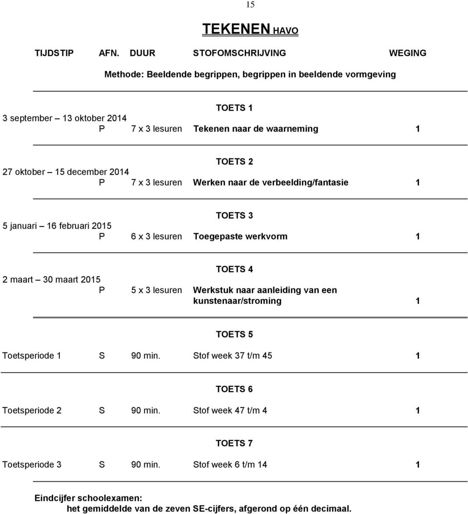 2 27 oktober 15 december 2014 P 7 x 3 lesuren Werken naar de verbeelding/fantasie 1 TOETS 3 5 januari 16 februari 2015 P 6 x 3 lesuren Toegepaste werkvorm 1 TOETS 4 2 maart 30