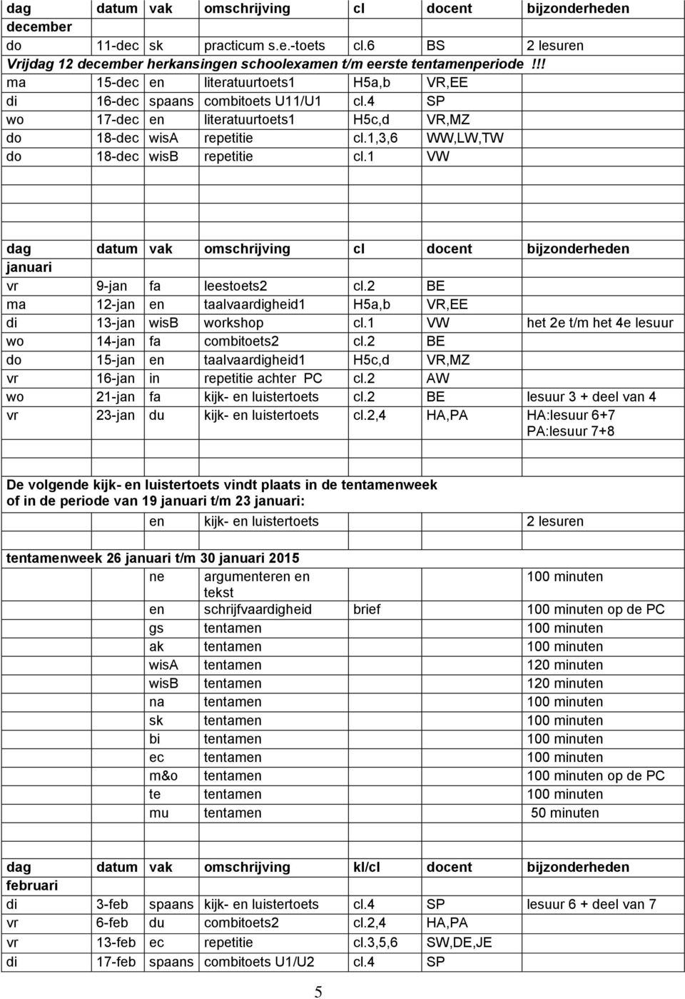 1,3,6 WW,LW,TW do 18-dec wisb repetitie cl.1 VW dag datum vak omschrijving cl docent bijzonderheden januari vr 9-jan fa leestoets2 cl.