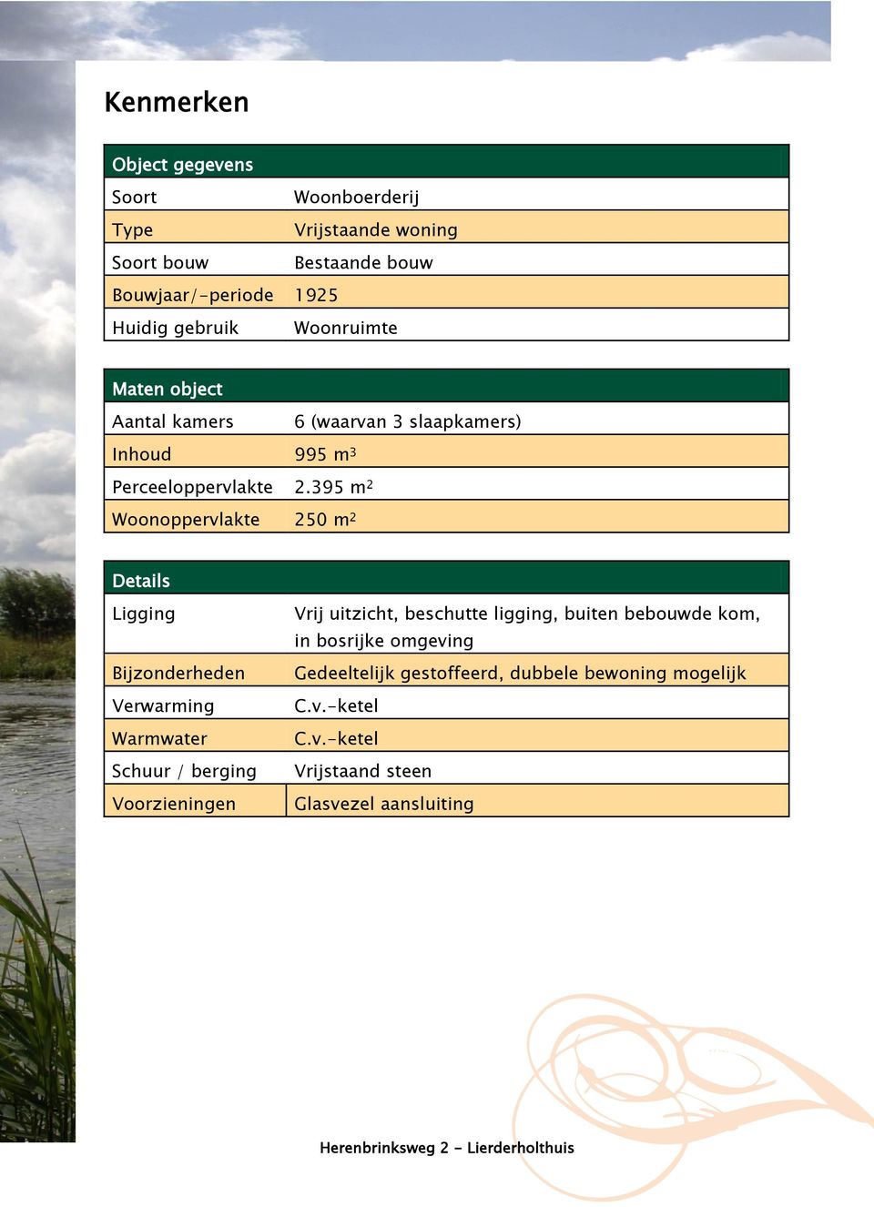 395 m 2 Woonoppervlakte 250 m 2 Details Ligging Bijzonderheden Verwarming Warmwater Schuur / berging Voorzieningen Vrij uitzicht,