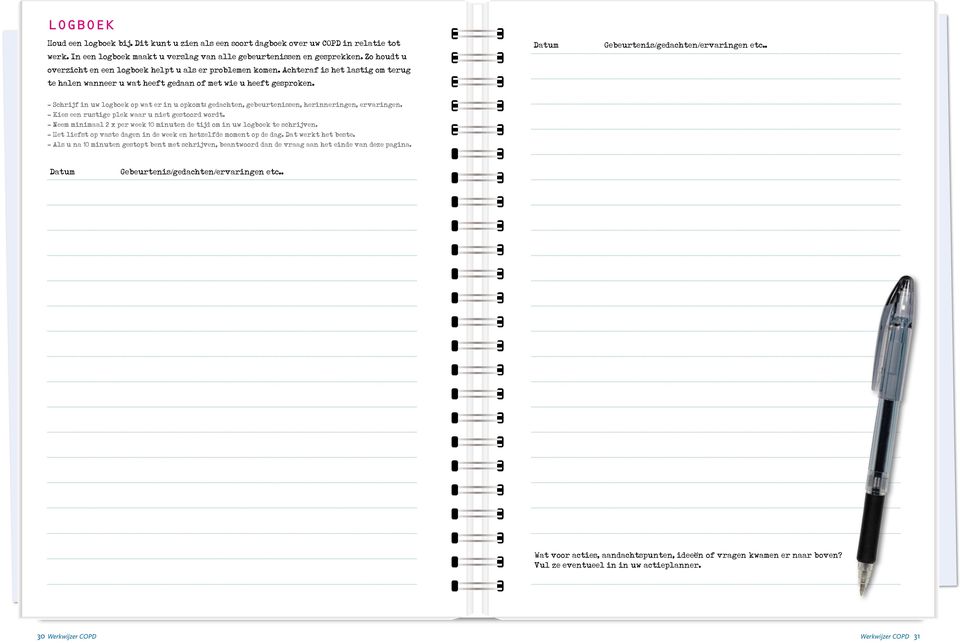 Datum Gebeurtenis/gedachten/ervaringen etc.. - Schrijf in uw logboek op wat er in u opkomt: gedachten, gebeurtenissen, herinneringen, ervaringen. - Kies een rustige plek waar u niet gestoord wordt.