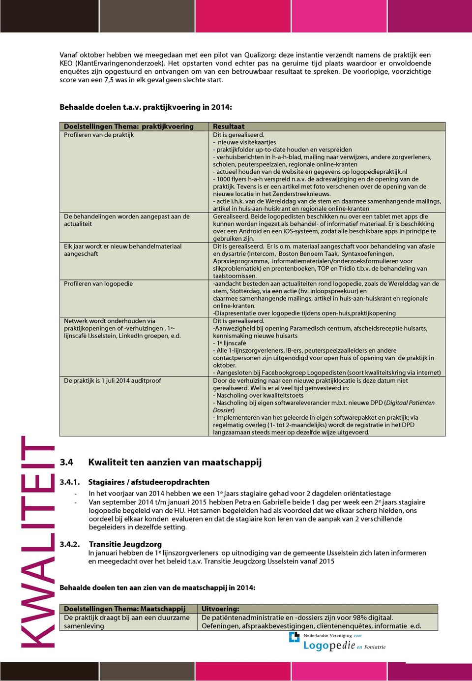 De voorlopige, voorzichtige score van een 7,5 was in elk geval geen slechte start. Behaalde doelen t.a.v. praktijkvoering in 2014: Doelstellingen Thema: praktijkvoering Profileren van de praktijk De