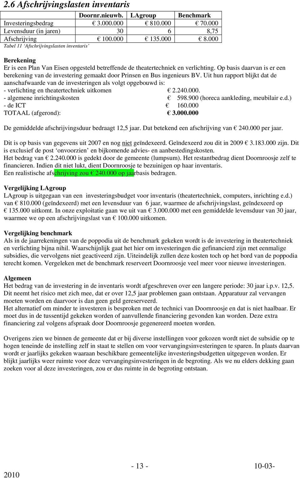 000 Tabel 11 Afschrijvingslasten inventaris Berekening Er is een Plan Van Eisen opgesteld betreffende de theatertechniek en verlichting.