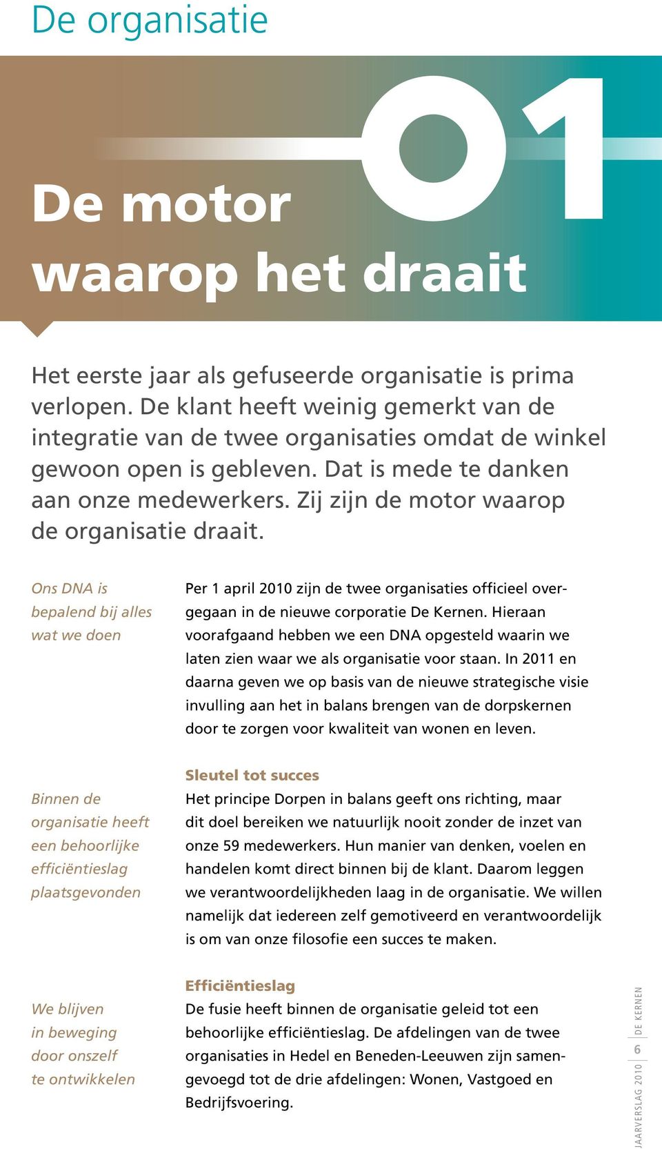 Zij zijn de motor waarop de organisatie draait. Ons DNA is bepalend bij alles wat we doen Per 1 april 2010 zijn de twee organisaties officieel overgegaan in de nieuwe corporatie De Kernen.