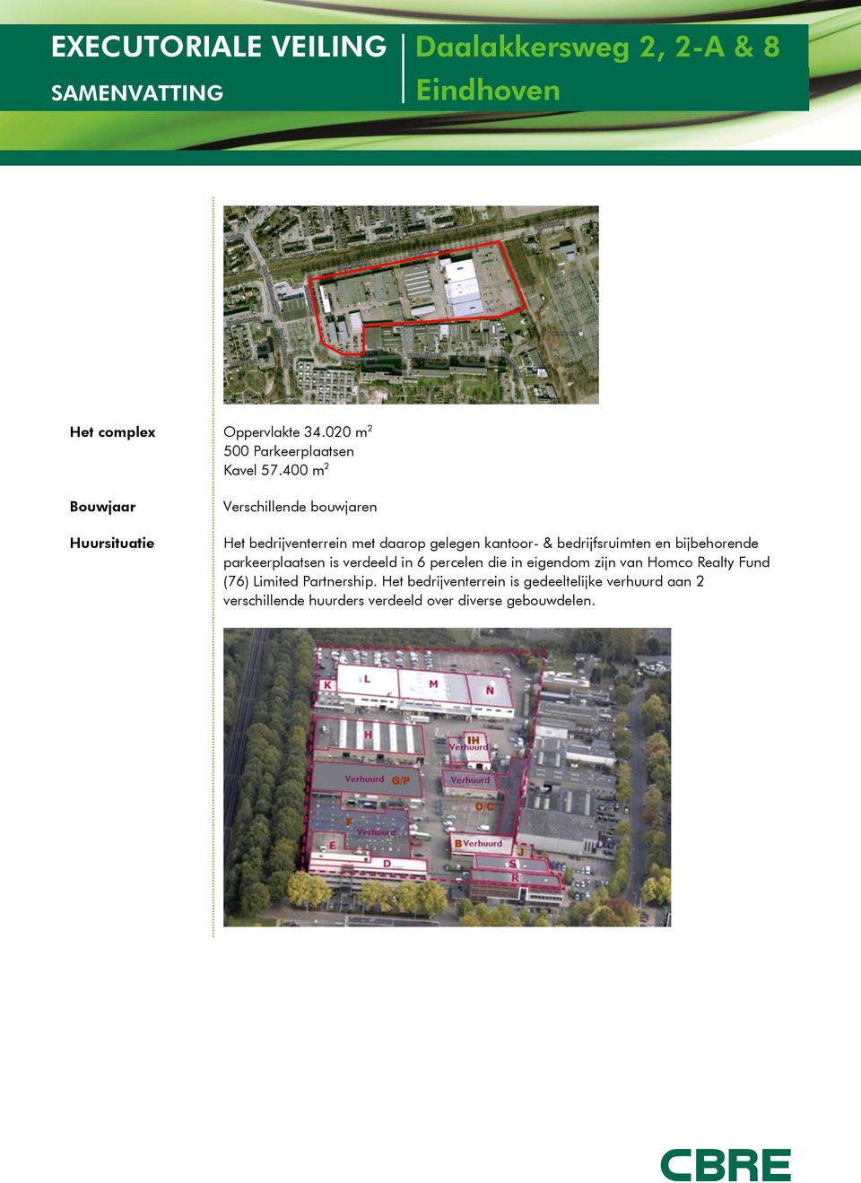 bedrijfsruimten en bijbehorende parkeerplaatsen is verdeeld in 6 percelen die in eigendom zijn van Homco
