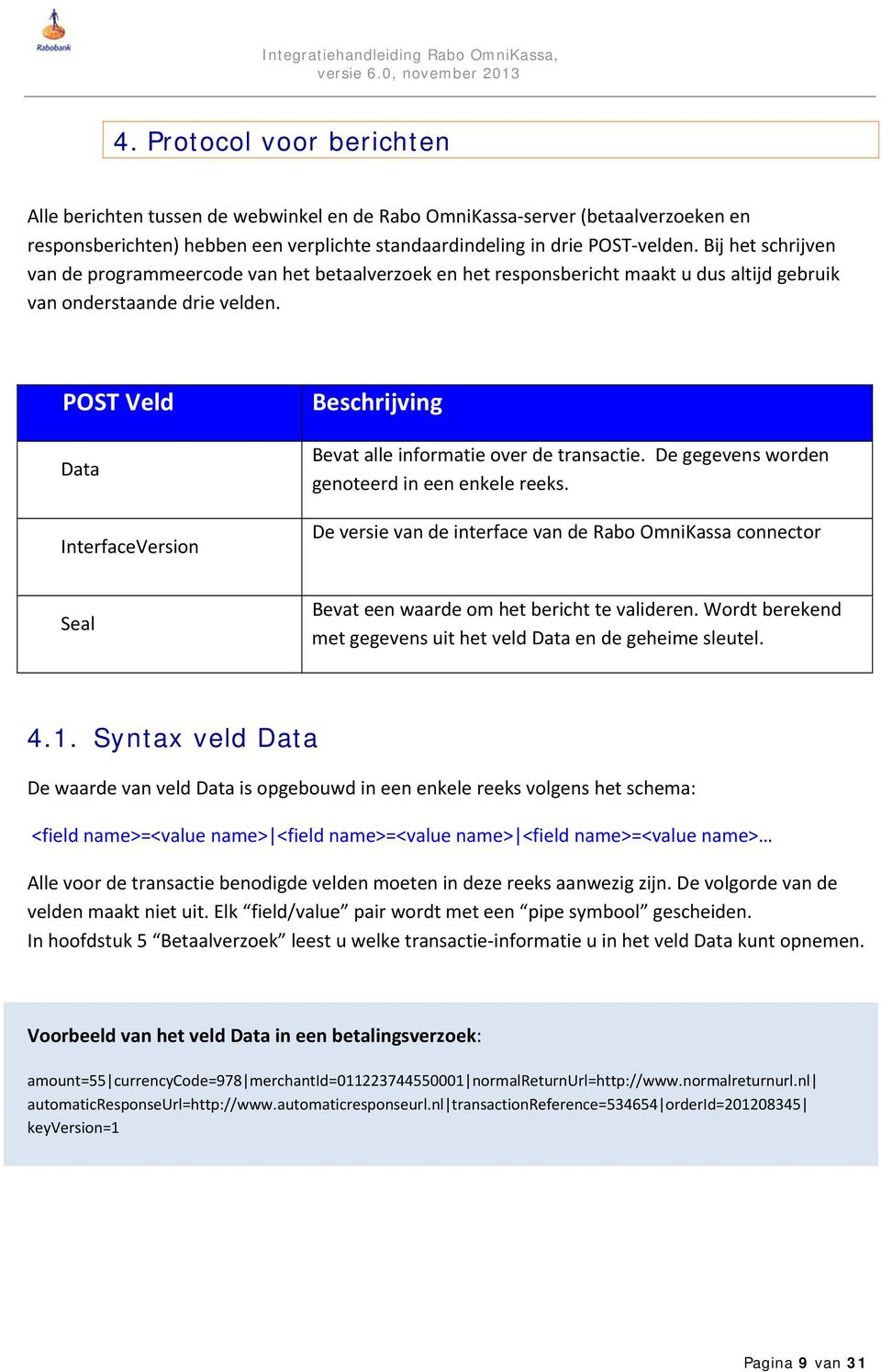 POST Veld Data InterfaceVersion Beschrijving Bevat alle informatie over de transactie. De gegevens worden genoteerd in een enkele reeks.