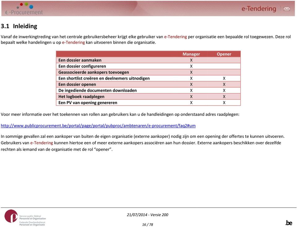 Manager Opener Een dossier aanmaken X Een dossier configureren X Geassocieerde aankopers toevoegen X Een shortlist creëren en deelnemers uitnodigen X X Een dossier openen X X De ingediende documenten