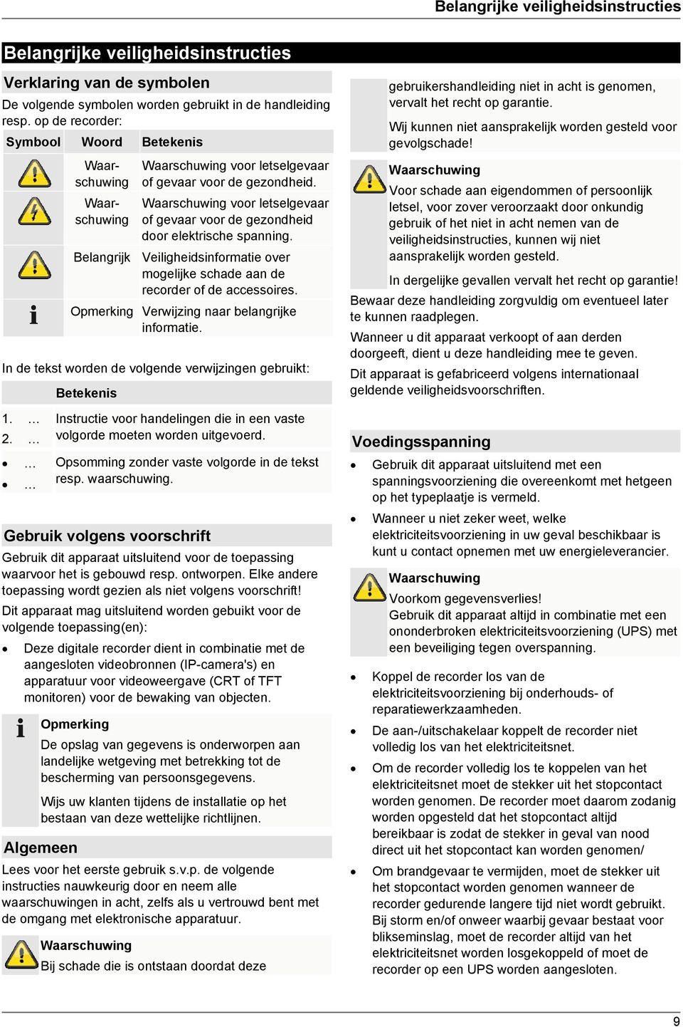 Waarschuwing voor letselgevaar of gevaar voor de gezondheid door elektrische spanning. Belangrijk Veiligheidsinformatie over mogelijke schade aan de recorder of de accessoires.