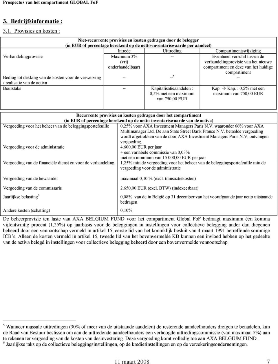 Verhandelingprovisie Maximum 3% (vrij onderhandelbaar) Bedrag tot dekking van de kosten voor de verwerving / realisatie van de activa Beurstaks -- Kapitalisatieaandelen : 0,5% met een maximum van