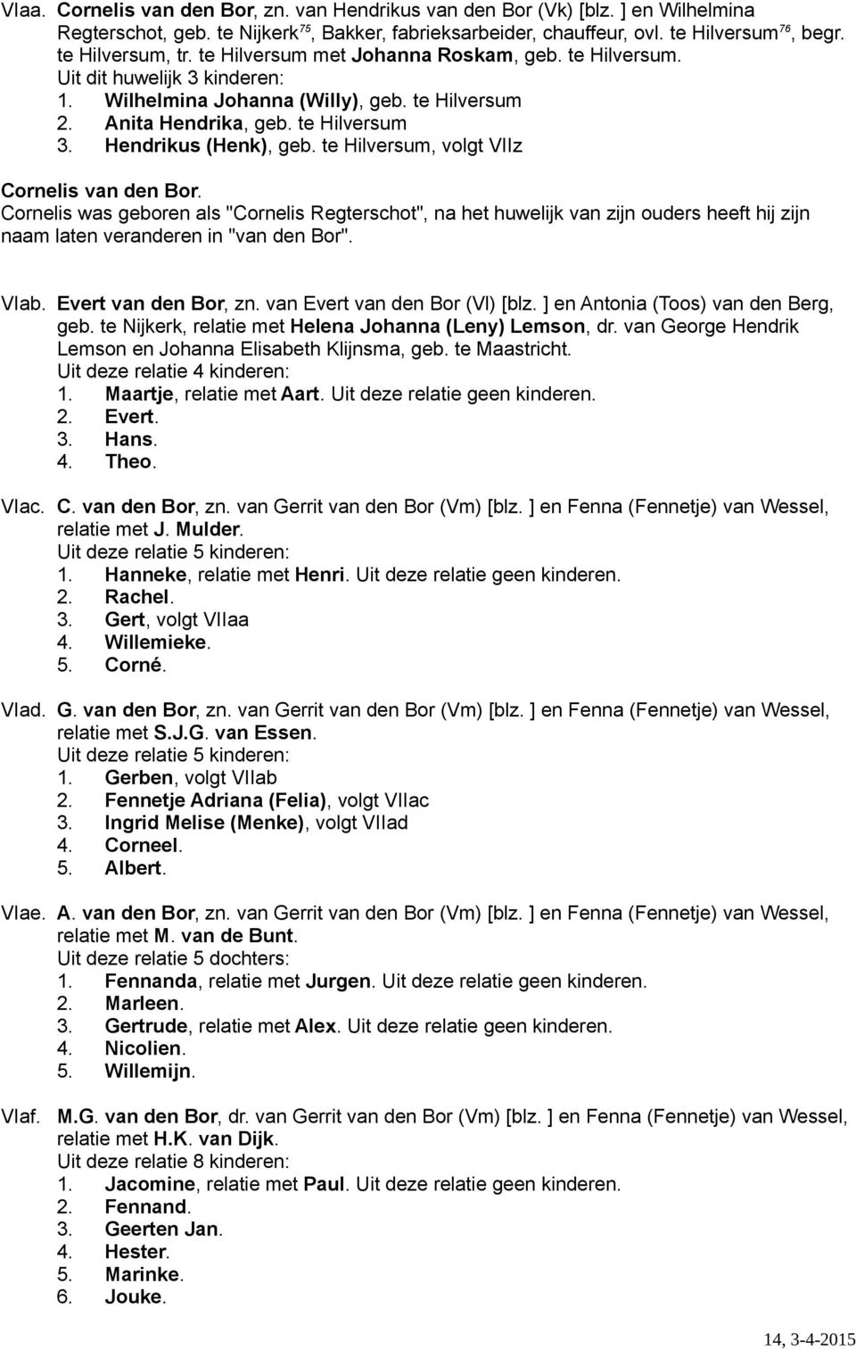 te Hilversum, volgt VIIz Cornelis van den Bor. Cornelis was geboren als "Cornelis Regterschot", na het huwelijk van zijn ouders heeft hij zijn naam laten veranderen in "van den Bor". VIab.
