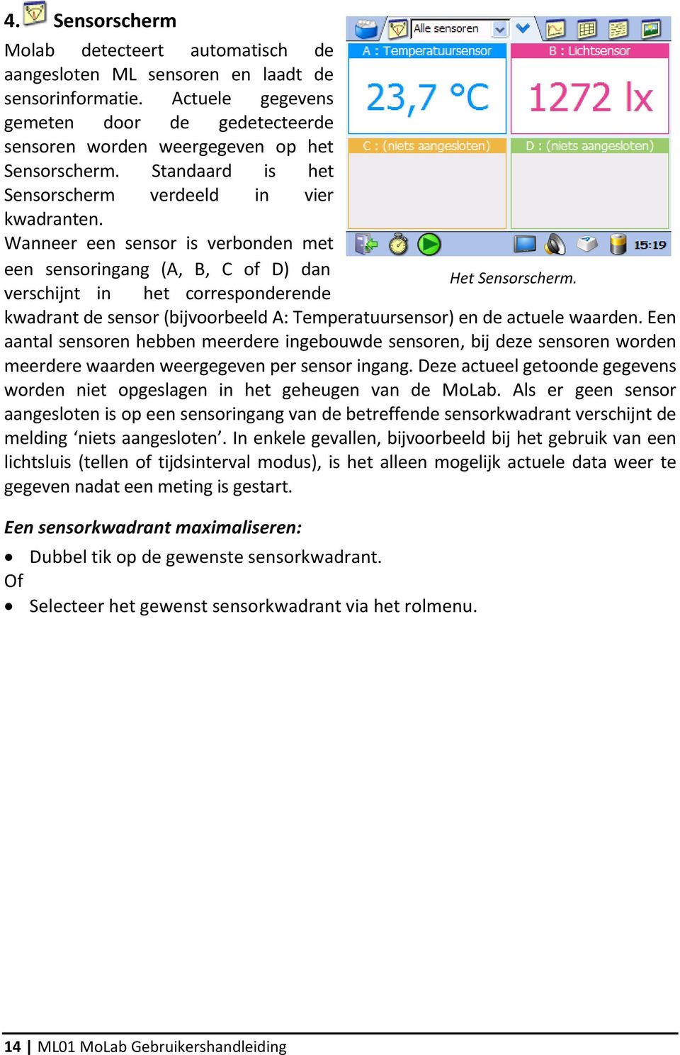 kwadrant de sensor (bijvoorbeeld A: Temperatuursensor) en de actuele waarden.