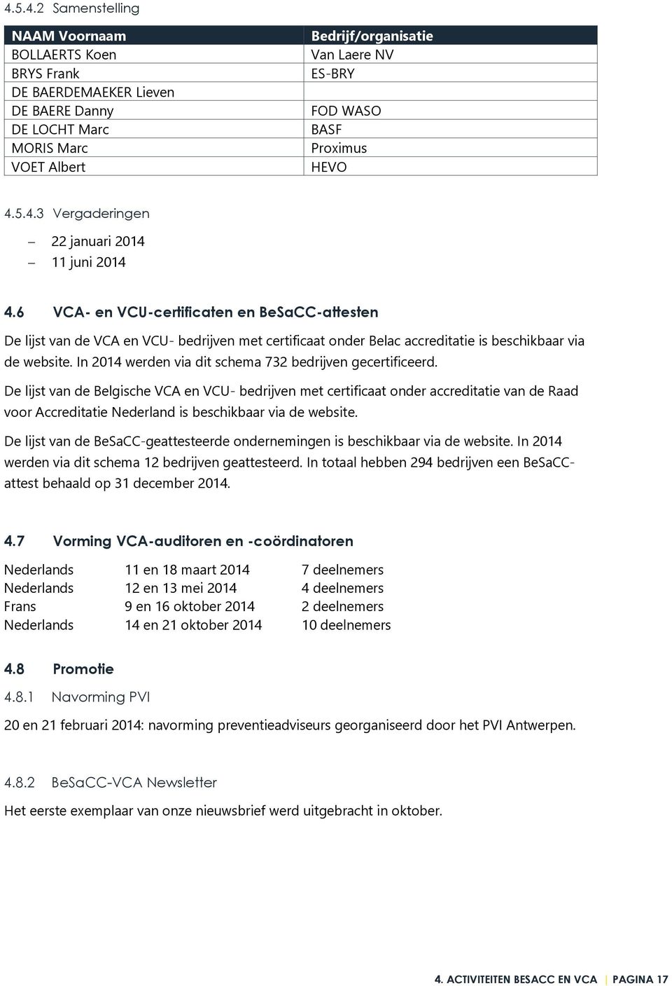 6 VCA- en VCU-certificaten en BeSaCC-attesten De lijst van de VCA en VCU- bedrijven met certificaat onder Belac accreditatie is beschikbaar via de website.