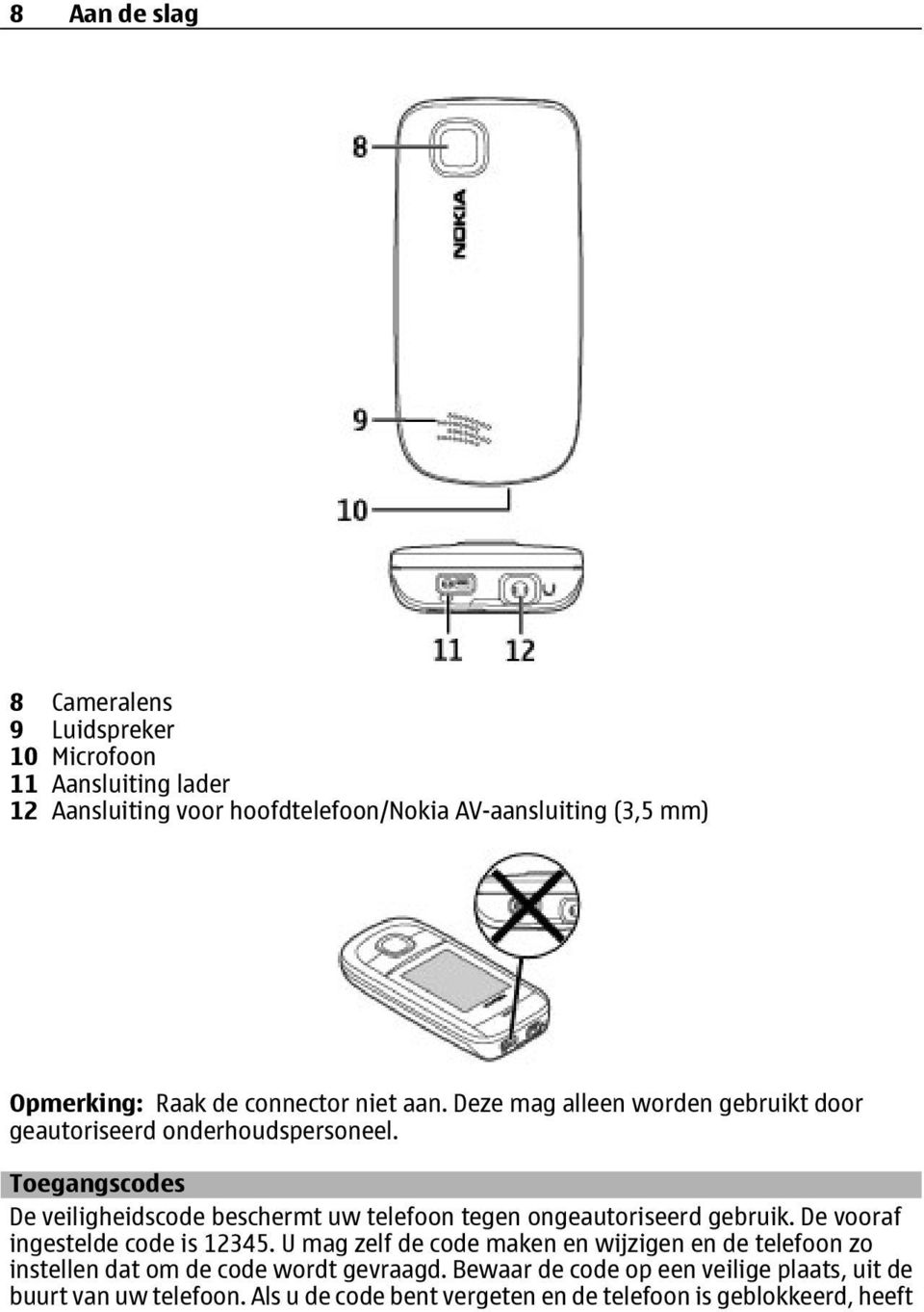 Toegangscodes De veiligheidscode beschermt uw telefoon tegen ongeautoriseerd gebruik. De vooraf ingestelde code is 12345.