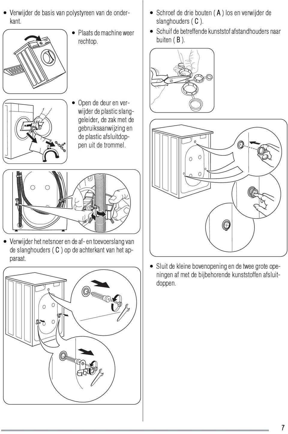 Open de deur en verwijder de plastic slanggeleider, de zak met de gebruiksaanwijzing en de plastic afsluitdoppen uit de trommel.