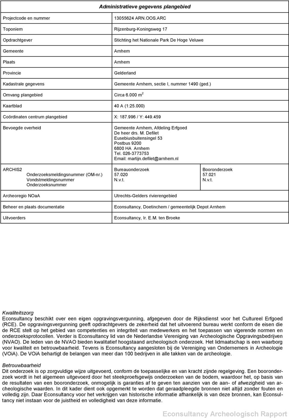 nummer 1490 (ged.) Omvang plangebied Circa 6.000 m 2 Kaartblad 40 A (1:25.000) Coördinaten centrum plangebied X: 187.996 / Y: 449.459 Bevoegde overheid Gemeente Arnhem, Afdeling Erfgoed De heer drs.