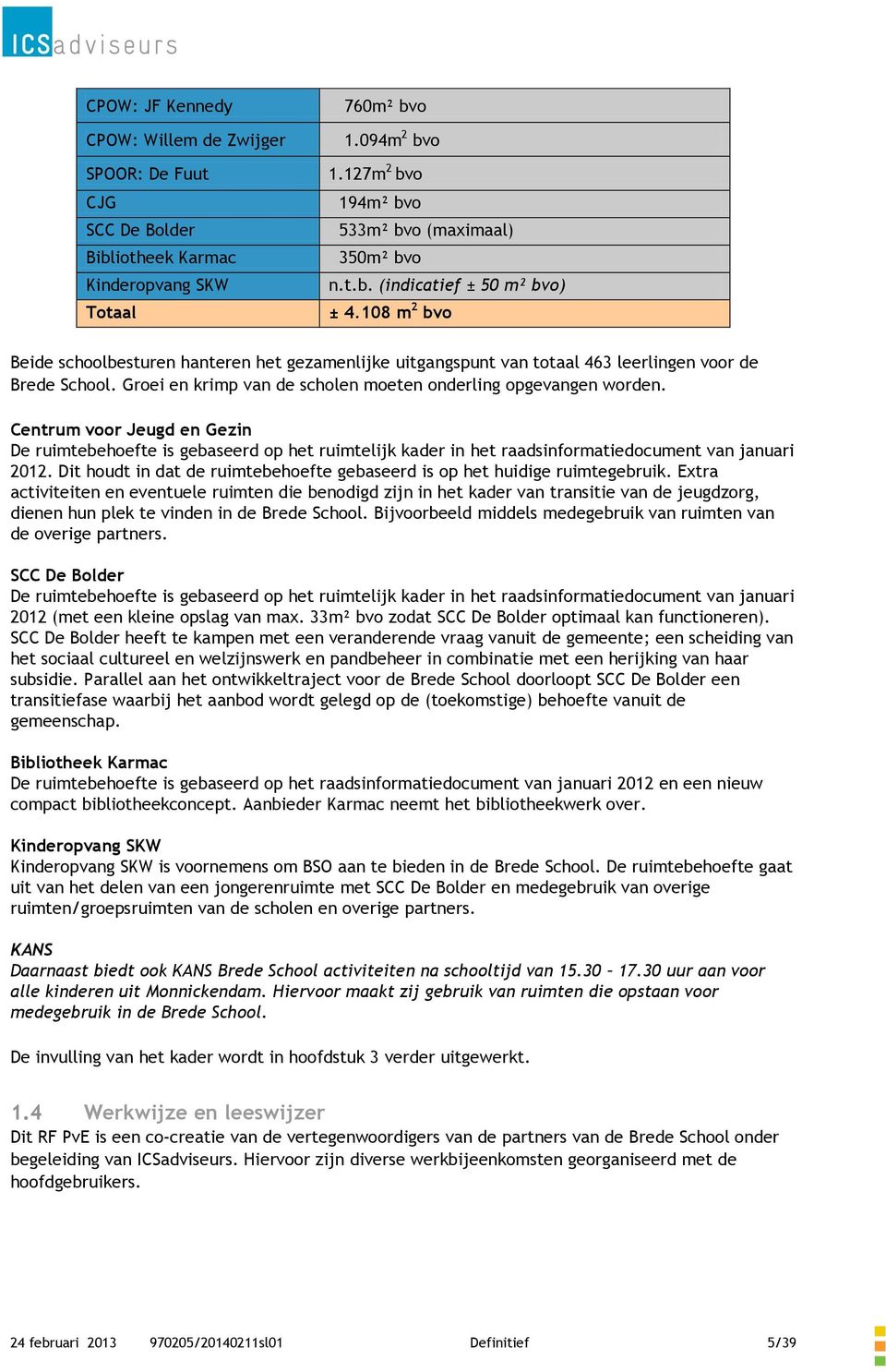 Centrum voor Jeugd en Gezin De ruimtebehoefte is gebaseerd op het ruimtelijk kader in het raadsinformatiedocument van januari 2012.