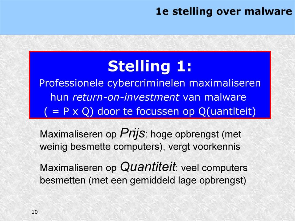 Maximaliseren op Prijs: hoge opbrengst (met weinig besmette computers), vergt