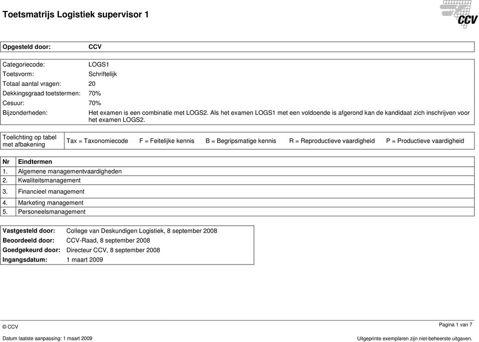 Toelichting op tabel met afbakening = onomiecode F = Feitelijke kennis = egripsmatige kennis = eproductieve vaardigheid P = Productieve vaardigheid Nr Eindtermen 1. Algemene managementvaardigheden 2.