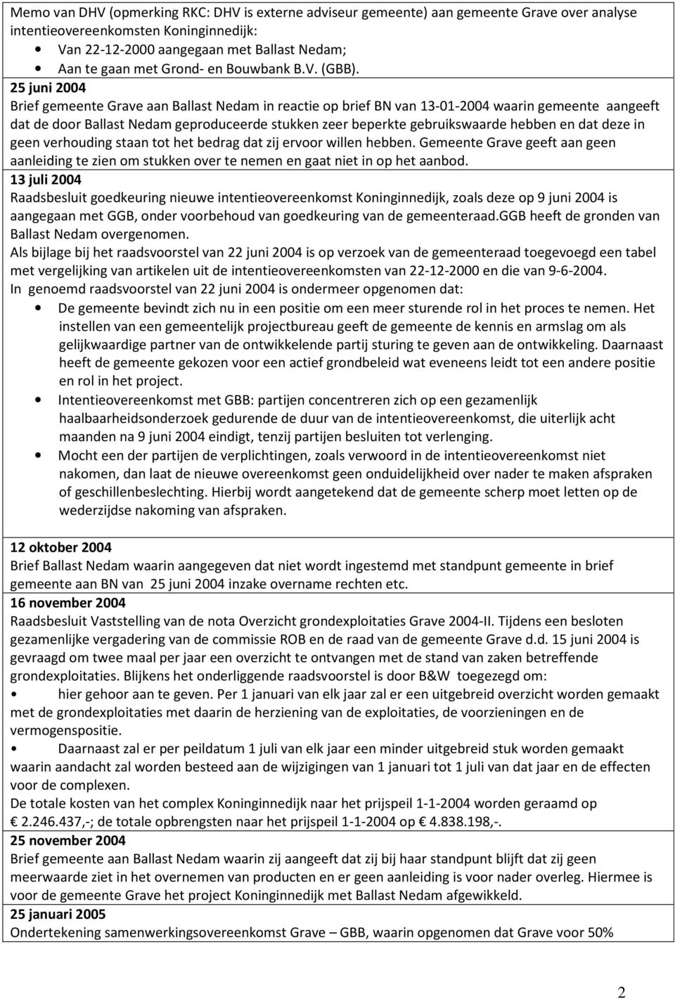 25 juni 2004 Brief gemeente Grave aan Ballast Nedam in reactie op brief BN van 13-01-2004 waarin gemeente aangeeft dat de door Ballast Nedam geproduceerde stukken zeer beperkte gebruikswaarde hebben