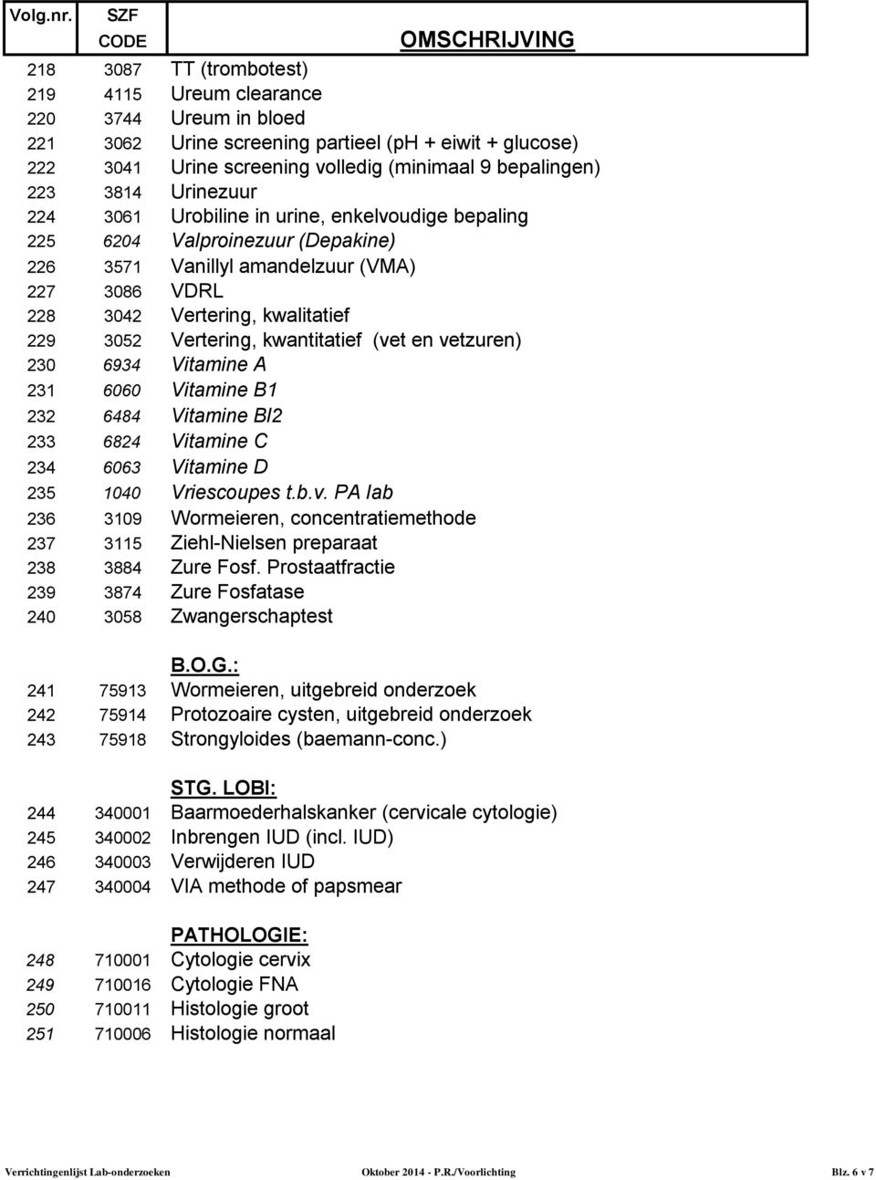 kwantitatief (vet en vetzuren) 230 6934 Vitamine A 231 6060 Vitamine B1 232 6484 Vitamine Bl2 233 6824 Vitamine C 234 6063 Vitamine D 235 1040 Vriescoupes t.b.v. PA lab 236 3109 Wormeieren, concentratiemethode 237 3115 Ziehl-Nielsen preparaat 238 3884 Zure Fosf.