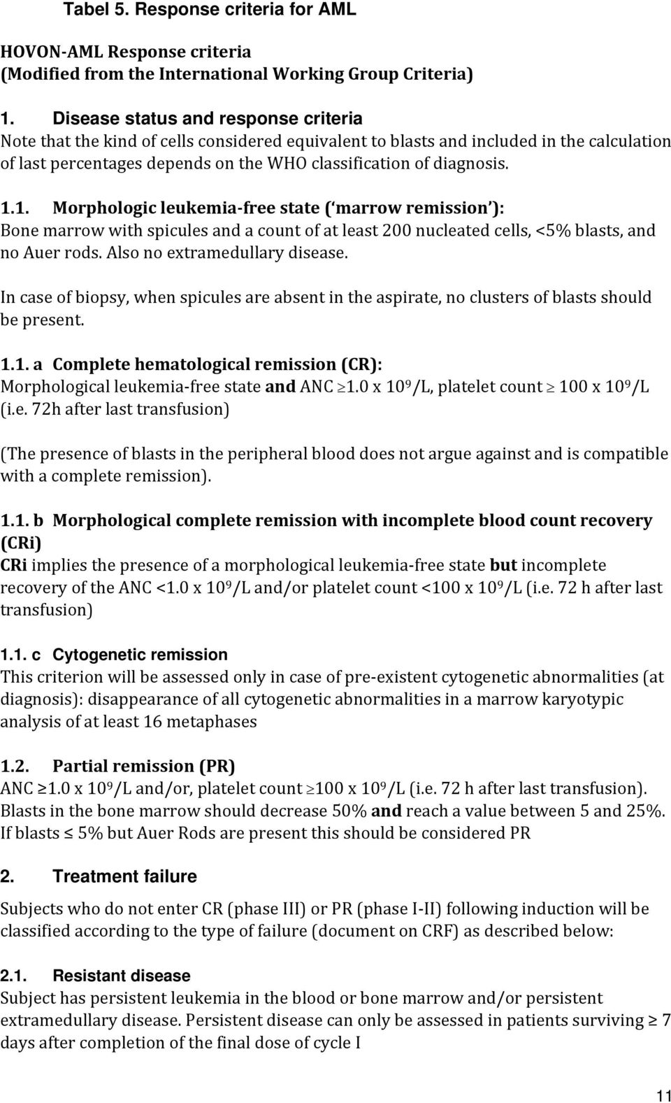 1. Morphologic leukemia free state ( marrow remission ): Bone marrow with spicules and a count of at least 200 nucleated cells, <5% blasts, and no Auer rods. Also no extramedullary disease.