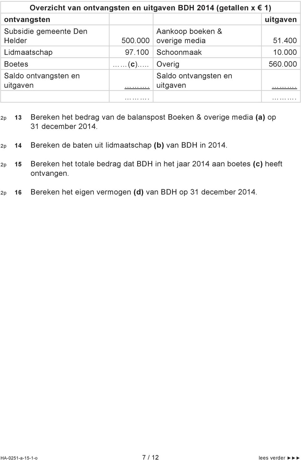 2p 15 Bereken het totale bedrag dat BDH in het jaar 2014 aan boetes (c) heeft ontvangen. 2p 16 Bereken het eigen vermogen (d) van BDH op 31 december 2014.