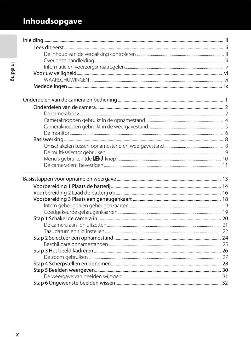 .. 4 Cameraknoppen gebruikt in de weergavestand... 5 De monitor... 6 Basiswerking... 8 Omschakelen tussen opnamestand en weergavestand... 8 De multi-selector gebruiken... 9 Menu's gebruiken (de d-knop).