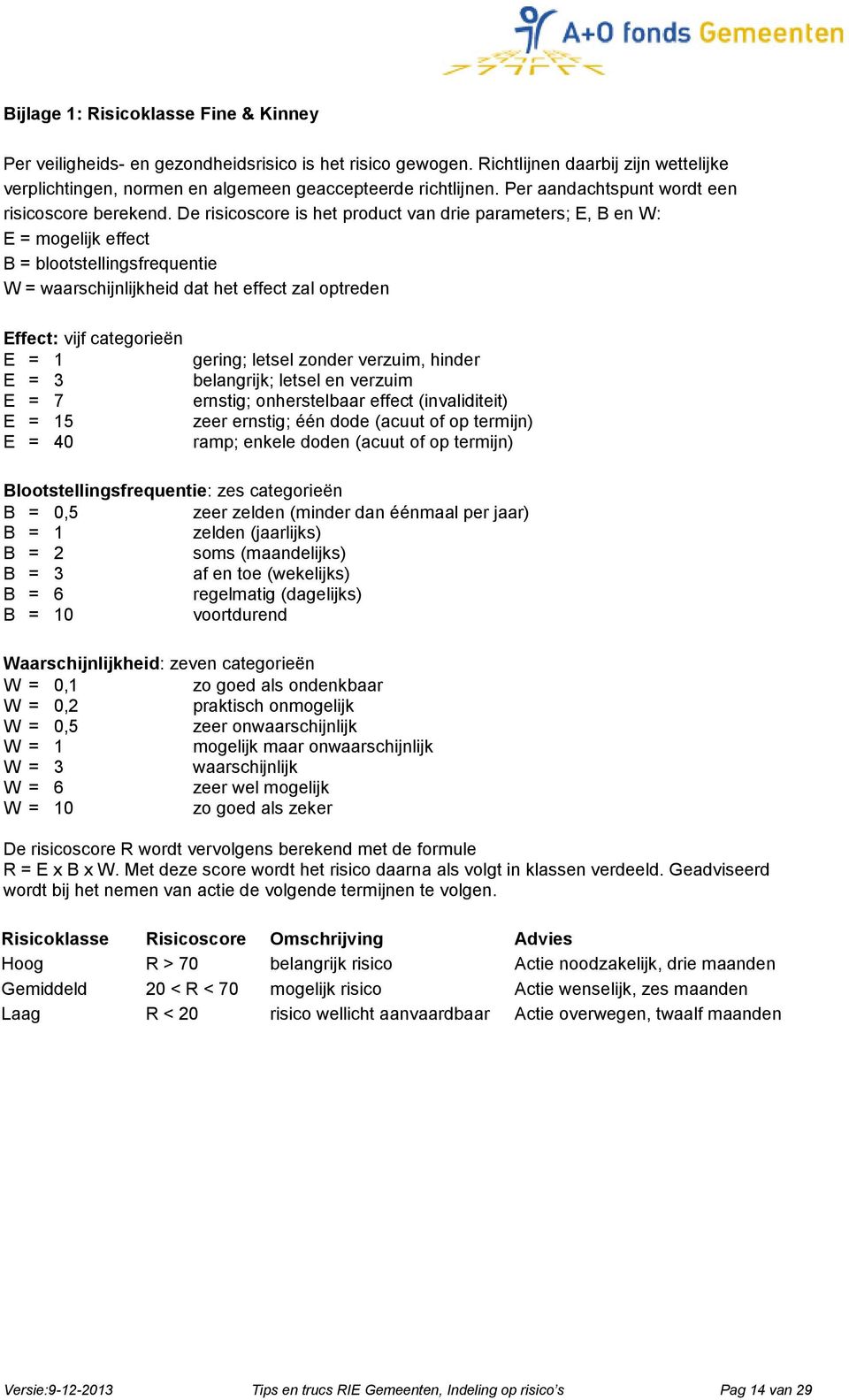 De risicoscore is het product van drie parameters; E, B en W: E = mogelijk effect B = blootstellingsfrequentie W = waarschijnlijkheid dat het effect zal optreden Effect: vijf categorieën E = 1 E = 3