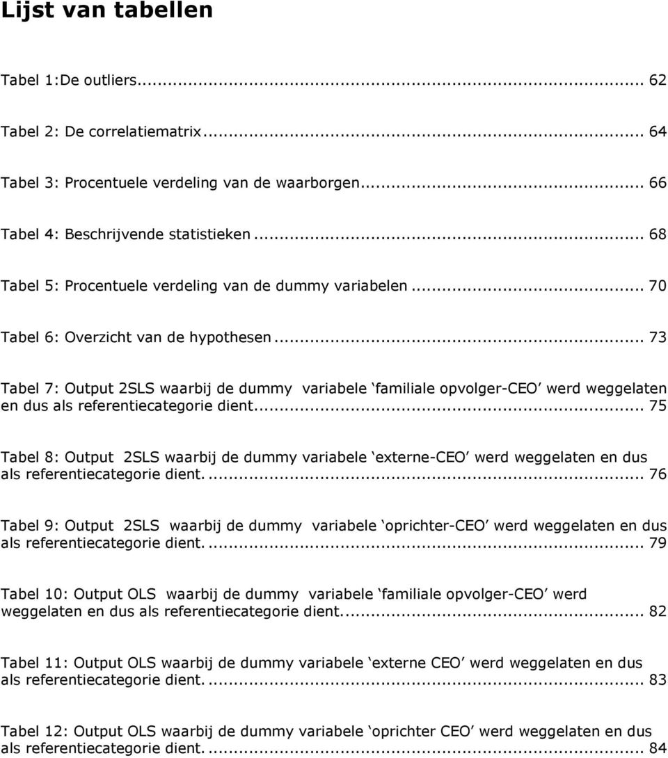 .. 73 Tabel 7: Output 2SLS waarbij de dummy variabele familiale opvolger-ceo werd weggelaten en dus als referentiecategorie dient.