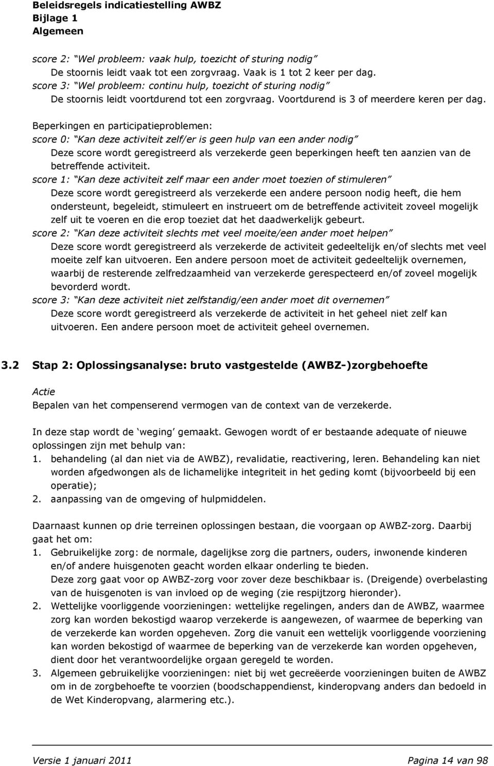 Beperkingen en participatieproblemen: score 0: Kan deze activiteit zelf/er is geen hulp van een ander nodig Deze score wordt geregistreerd als verzekerde geen beperkingen heeft ten aanzien van de