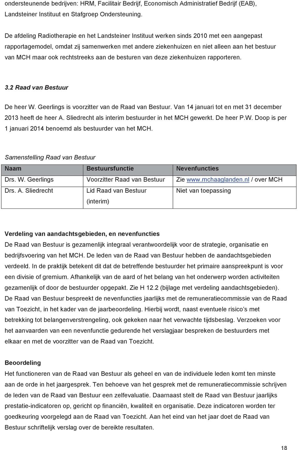 ook rechtstreeks aan de besturen van deze ziekenhuizen rapporteren. 3.2 Raad van Bestuur De heer W. Geerlings is voorzitter van de Raad van Bestuur.